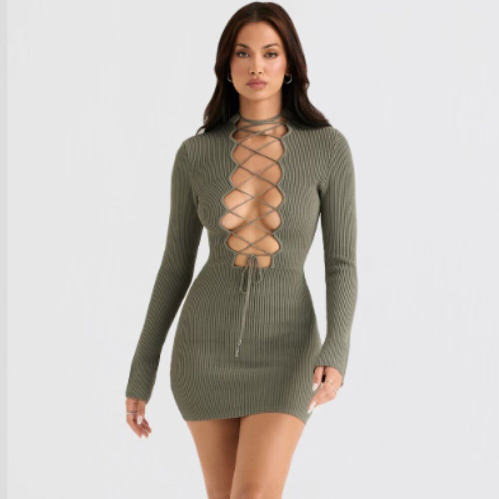 NWT HOUSE OF CB Jada lace-up knitted mini dress - Picture 8 of 8